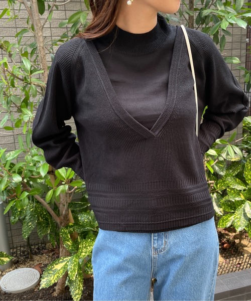 StyleSea(スタイルシー)の「深Vネックリブニット&ノースリーブニット セット(ニット/セーター・レディース・ブラック/グレー/モカ・FREE)」の2枚目の写真