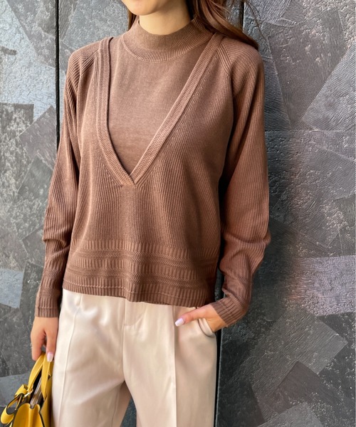 StyleSea(スタイルシー)の「深Vネックリブニット&ノースリーブニット セット(ニット/セーター・レディース・ブラック/グレー/モカ・FREE)」の6枚目の写真