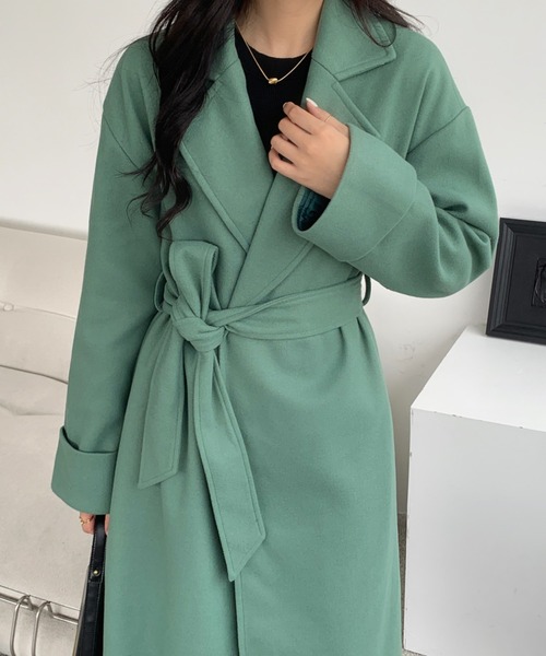 R-H396/UN3D チェスターコート 鋭い サテン ドロップショルダー 緑 光沢 
