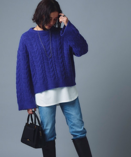 RASW（ラス）の「［RASW］モヘア混ワイドスリーブケーブルニット（ニット/セーター・レディース・杢グレー/ブルー/オフホワイト・L/M）」の9枚目の写真