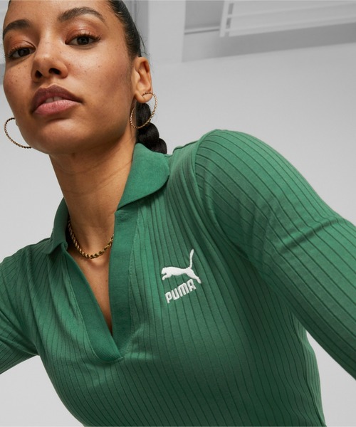 PUMA グリーン 長袖 Vネックシャツ PUMA（プーマ）の「PUMA プーマ ウィメンズ CLASSICS リブ付 V