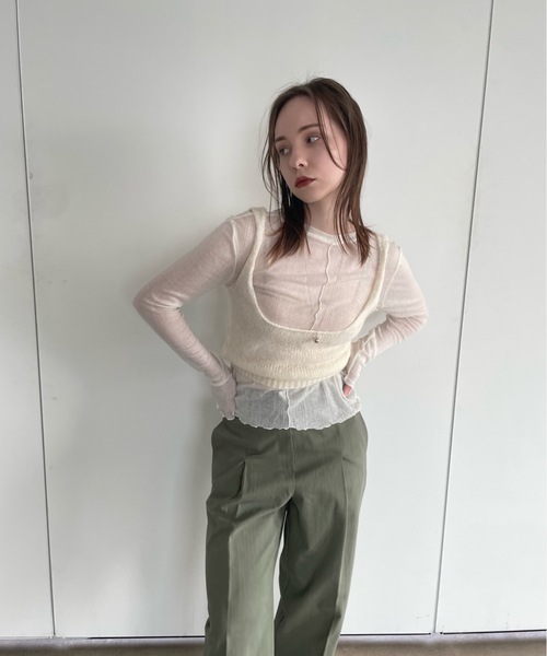 OPEN AESTHETIC ✧˖° ビスチェ付きシアートップス 2点セット ≪ツインセット≫フロントZIPラメニットビスチェ×Tシャツ【洗濯
