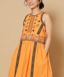 【Freada】インド綿　配色刺繍ロングワンピース　オレンジ　希少　フリーダ Freada】インド綿 配色刺繍ロングワンピース オレンジ 希少