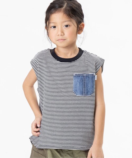 F.O.KIDS（エフオーキッズ）の「サイドスリットボーダーノースリーブ（タンクトップ・キッズ・ネイビー/オレンジ/グリーン/ブラック・80/90/95/100/110/120/130/140/150）」の2枚目の写真