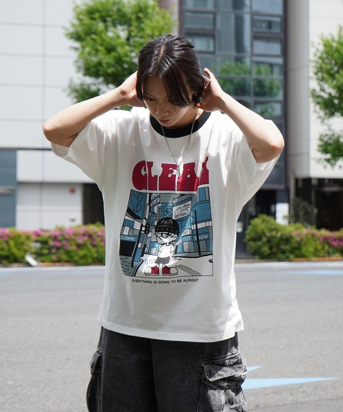 Roo(ルー)の「【Roo / ルー】自撮りイラスト / フロントプリント ビッグシルエット半袖リンガーTシャツ カットソー(Tシャツ/カットソー・メンズ・ホワイト/ブラック/チャコールグレー/ホワイト系その他/ブラック系その他/ホワイト系その他2・M/L)」の3枚目の写真