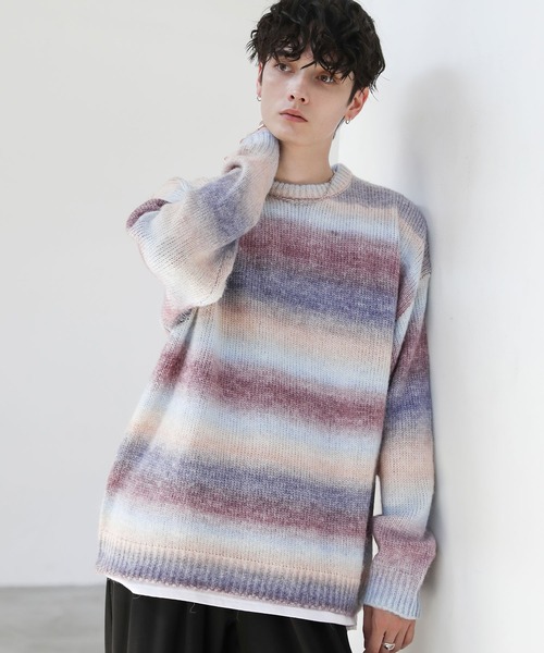ASTRONOMY(アストロノミー)の「Buyer's Select/天竺グラデーションボーダークルーニット(ニット/セーター・メンズ・グレー系/ブラウン系/ブルーパープル/グリーン系/ワイン系/ブルー系・M/L)」の5枚目の写真