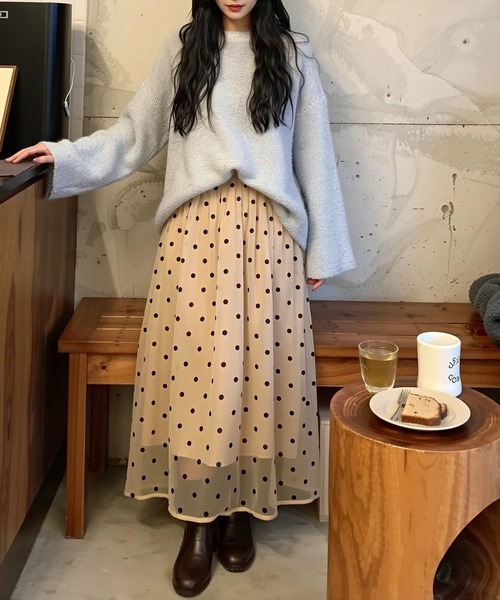 SETUP7（セットアップセブン）の「【SETUP7】ドットフレアロングスカート KNF037（スカート・レディース・ブラック/アイボリー・FREE）」の3枚目の写真