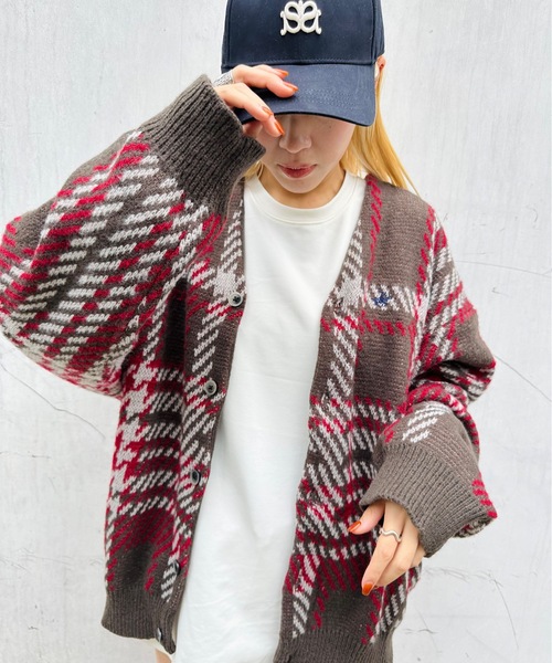 BEVERLY HILLS POLO CLUB(ビバリーヒルズポロクラブ)の「BEVERLY HILLS POLO CLUB/ビバリーヒルズポロクラブ / モヘアタッチニットチェックカーデ_4487-2751(ニット/セーター・レディース・ネイビー/ブルー/ブラウン/マスタード/オレンジ/ピンク/チャコールグレー/ラベンダー・X-LARGE)」の3枚目の写真