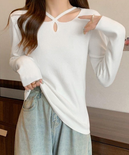 Miniministore(ミニミニストア)の「ニットトップス クロスネック ニットソー(ニット/セーター・レディース・ブラック/ベージュ/ホワイト・FREE)」の4枚目の写真