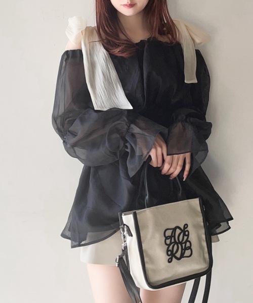 NOMAE（ノーマエ）の「【ラスト再入荷！】シアーオフショルチュニックブラウス（シャツ/ブラウス・レディース・ブラック/ピンク/アイボリー/グレー・FREE）」の3枚目の写真