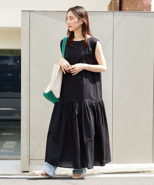 自然にくびれる裾ティアードワンピース 着丈調整可能】ストンとしたIラインシルエット コットン 前開き