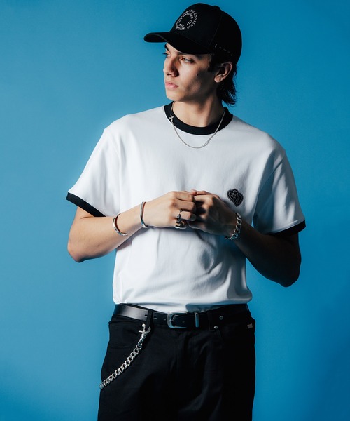 【セール】MOTO W BLACK HEART SHORT SLEEVE T SHIRT / 袖配色 Wハート プリント Tシャツ（Tシャツ/カットソー）｜CRIMIE（クライミー）