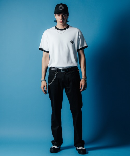 【セール】MOTO W BLACK HEART SHORT SLEEVE T SHIRT / 袖配色 Wハート プリント Tシャツ（Tシャツ/カットソー）｜CRIMIE（クライミー）
