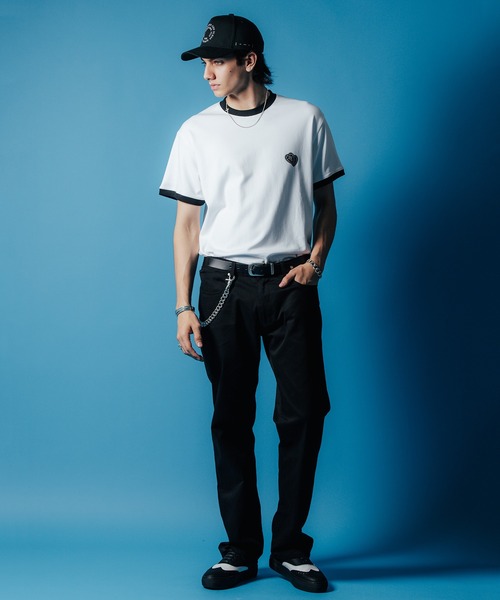 【セール】MOTO W BLACK HEART SHORT SLEEVE T SHIRT / 袖配色 Wハート プリント Tシャツ（Tシャツ/カットソー）｜CRIMIE（クライミー）