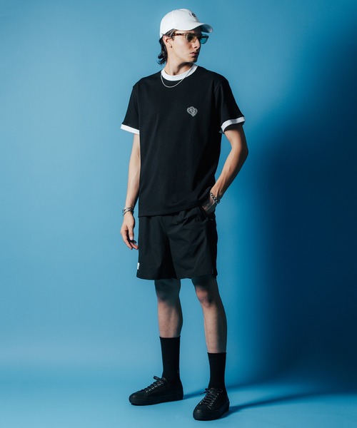 【セール】MOTO W BLACK HEART SHORT SLEEVE T SHIRT / 袖配色 Wハート プリント Tシャツ（Tシャツ/カットソー）｜CRIMIE（クライミー）