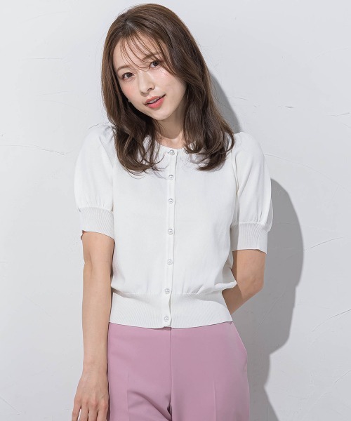QUEENS COURT(クイーンズコート)の「パールボタンパフ袖カーデ≪接触冷感/手洗い可能≫(カーディガン/ボレロ・レディース・ブルー/ホワイト/ブラック/ネイビー/ピンク/ブルー系その他/ピンク系その他・M)」の2枚目の写真