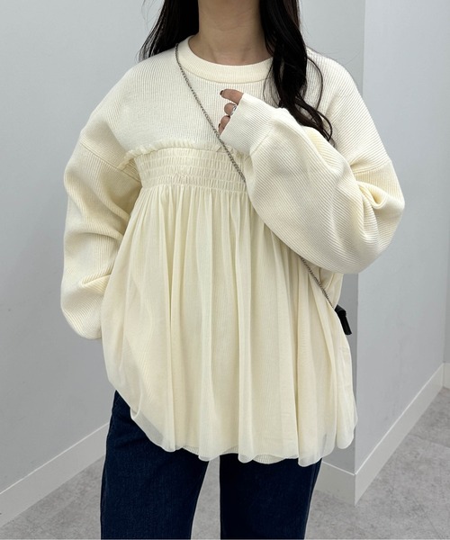 RANAN(ラナン)の「もちもちチュールドッキングニット(ニット/セーター・レディース・ブラック/アイボリー/モカ/グレー・LL/M/L)」の2枚目の写真