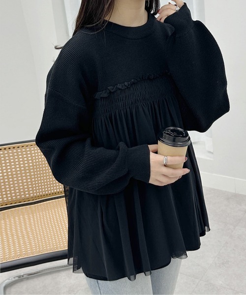 RANAN(ラナン)の「もちもちチュールドッキングニット(ニット/セーター・レディース・ブラック/アイボリー/モカ/グレー・LL/M/L)」の1枚目の写真