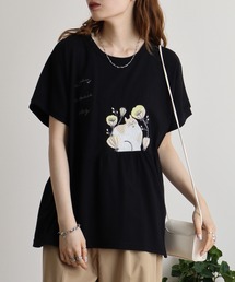 EMAGO ねこ刺繍切替えギャザーTシャツ