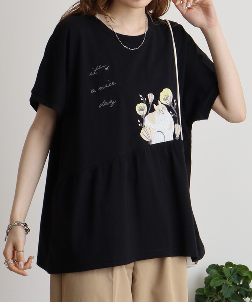 ねこ刺繍切替えギャザーTシャツ emago 夏 Tシャツ お花 ネコ 刺繍 かわいい 半袖 大人の ナチュラル カジュアル 楽天市場】neko刺繍袖ギャザーTシャツ レディース トップス 半袖
