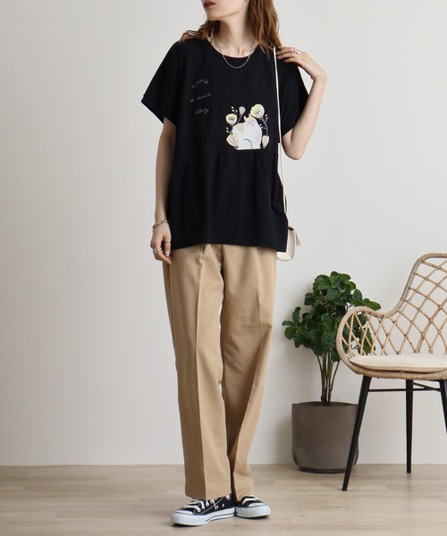 EMAGO ねこ刺繍切替えギャザーTシャツ（Tシャツ/カットソー