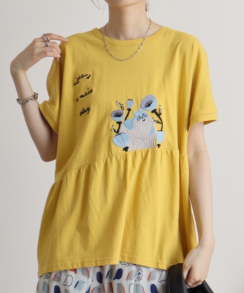 tシャツ EMAGO ねこ刺繍切替えギャザーTシャツ レディース EMAGO ねこ刺繍切替えギャザーTシャツ（Tシャツ/カットソー