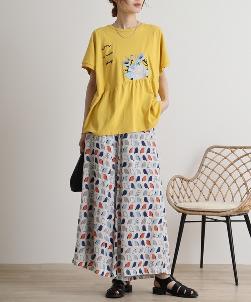ねこ刺繍切替えギャザーTシャツ emago 夏 Tシャツ お花 ネコ 刺繍 かわいい 半袖 大人の ナチュラル カジュアル 楽天市場】neko刺繍袖ギャザーTシャツ レディース トップス 半袖