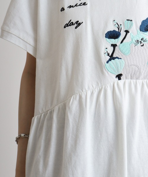 tシャツ EMAGO ねこ刺繍切替えギャザーTシャツ レディース 楽天市場】neko刺繍袖ギャザーTシャツ レディース トップス 半袖