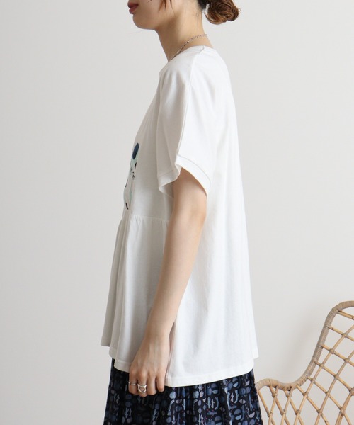 tシャツ EMAGO ねこ刺繍切替えギャザーTシャツ レディース 楽天市場】neko刺繍袖ギャザーTシャツ レディース トップス 半袖