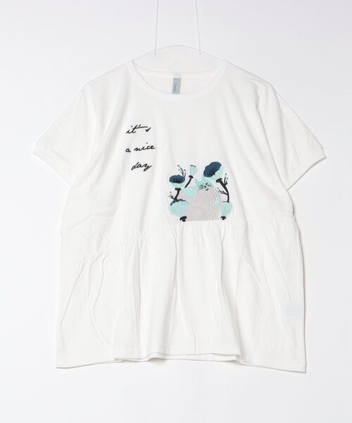 EMAGO ねこ刺繍切替えギャザーTシャツ（Tシャツ/カットソー