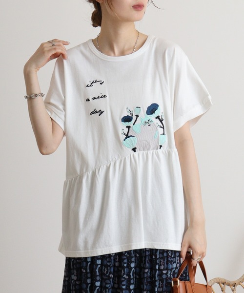 EMAGO ねこ刺繍切替えギャザーTシャツ（Tシャツ/カットソー