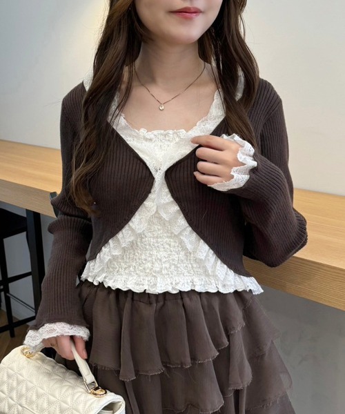 one after another NICE CLAUP（ワンアフターアナザーナイスクラップ）の「レースボレロカーディガン（カーディガン/ボレロ・レディース・ホワイト/ブラウン/ピンク/ブラック・FREE）」の3枚目の写真