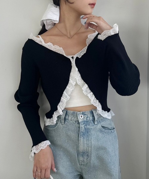 one after another NICE CLAUP（ワンアフターアナザーナイスクラップ）の「レースボレロカーディガン（カーディガン/ボレロ・レディース・ホワイト/ブラウン/ピンク/ブラック・FREE）」の12枚目の写真