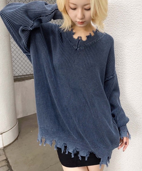 ENVYM（アンビー）の「ピグメントダメージニット（ニット/セーター・レディース・ネイビー/ブラック・FREE）」の7枚目の写真
