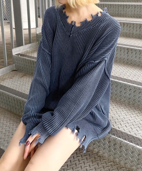 ENVYM（アンビー）の「ピグメントダメージニット（ニット/セーター・レディース・ネイビー/ブラック・FREE）」の12枚目の写真