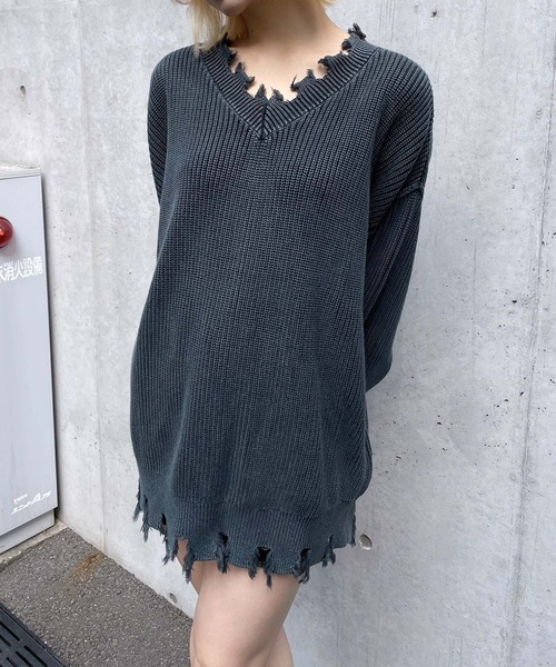 ENVYM（アンビー）の「ピグメントダメージニット（ニット/セーター・レディース・ネイビー/ブラック・FREE）」の16枚目の写真