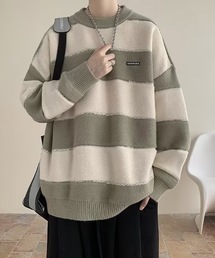 胸ロゴ付き バイカラーワイドボーダーニット