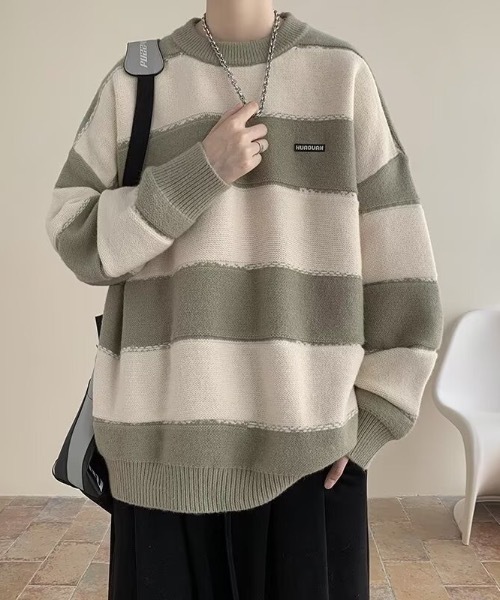 link lot(リンクロット)の「胸ロゴ付き バイカラーワイドボーダーニット(ニット/セーター・メンズ・ブラウン/グリーン/ブラック・L/M)」の3枚目の写真