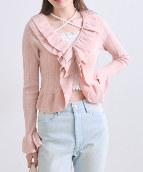 OLIVE des OLIVE（オリーブデオリーブ）の「ラッフルカーデ（カーディガン/ボレロ・レディース・モカ/ピンク/オフホワイト・FREE）」の3枚目の写真