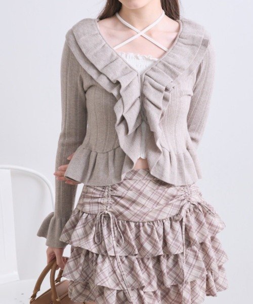 OLIVE des OLIVE（オリーブデオリーブ）の「ラッフルカーデ（カーディガン/ボレロ・レディース・モカ/ピンク/オフホワイト・FREE）」の2枚目の写真