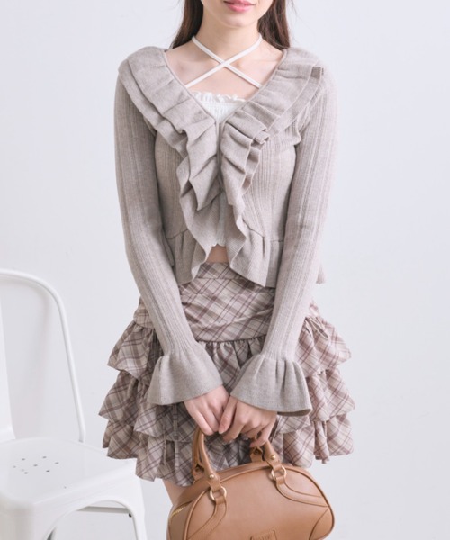 OLIVE des OLIVE（オリーブデオリーブ）の「ラッフルカーデ（カーディガン/ボレロ・レディース・モカ/ピンク/オフホワイト・FREE）」の4枚目の写真