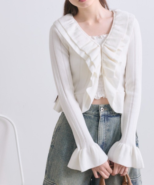 OLIVE des OLIVE（オリーブデオリーブ）の「ラッフルカーデ（カーディガン/ボレロ・レディース・モカ/ピンク/オフホワイト・FREE）」の8枚目の写真