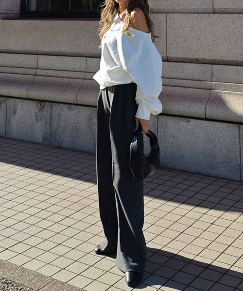 esutoreja(エストレジャ)の「オフショルリブスリーブトップス(Tシャツ/カットソー・レディース・ブラック/ホワイト/チャコール・FREE)」の6枚目の写真