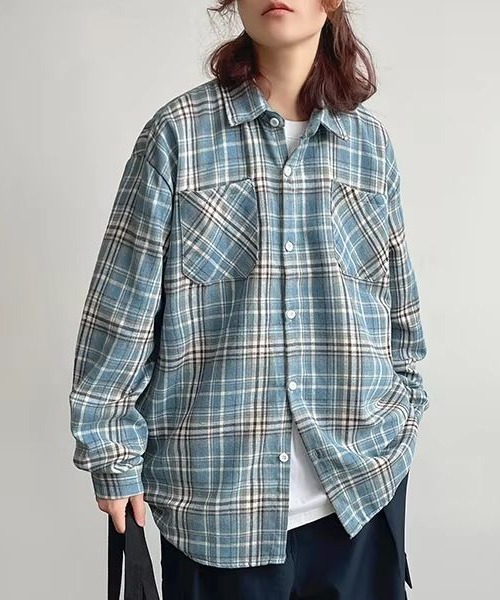 WARAIJOGO(ワライジョウゴ)の「【WARAIJOGO】ルーズシルエットネルチェック長袖シャツ/ネルシャツ004(NEZ)(シャツ/ブラウス・レディース・ブルー/イエロー/レッド・FREE)」の4枚目の写真
