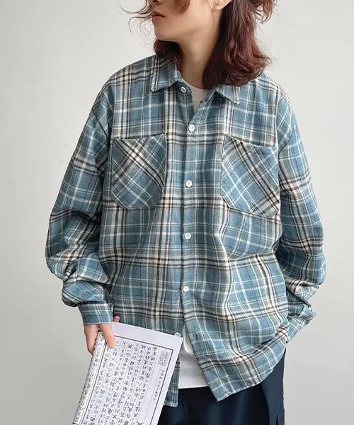 WARAIJOGO(ワライジョウゴ)の「【WARAIJOGO】ルーズシルエットネルチェック長袖シャツ/ネルシャツ004(NEZ)(シャツ/ブラウス・レディース・ブルー/イエロー/レッド・FREE)」の7枚目の写真