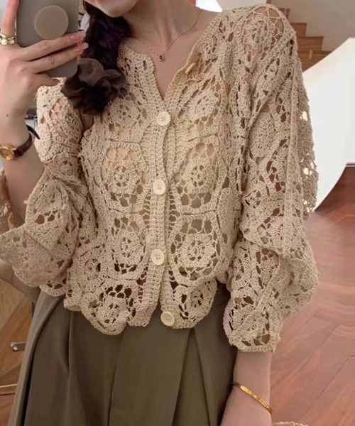 LAFFMO（ラフモ）の「クロシェ編みカーディガン（カーディガン/ボレロ・レディース・ホワイト/ベージュ・F）」の2枚目の写真