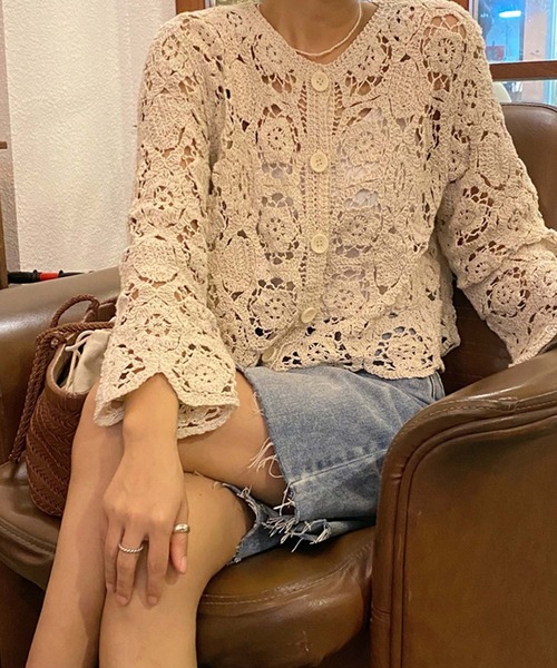LAFFMO（ラフモ）の「クロシェ編みカーディガン（カーディガン/ボレロ・レディース・ホワイト/ベージュ・F）」の8枚目の写真
