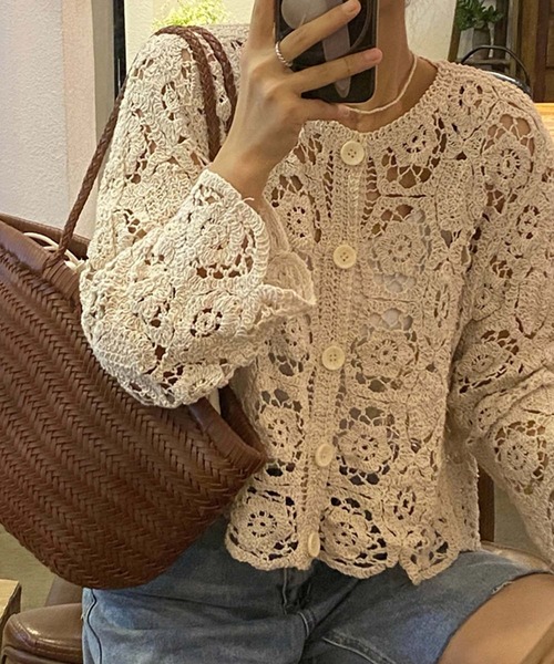 LAFFMO（ラフモ）の「クロシェ編みカーディガン（カーディガン/ボレロ・レディース・ホワイト/ベージュ・F）」の10枚目の写真