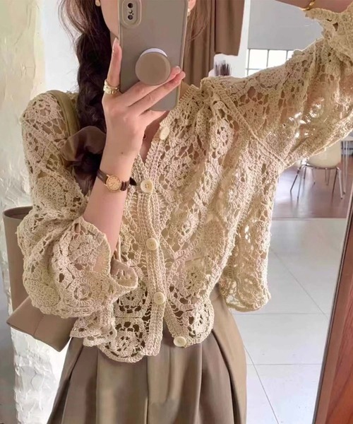 LAFFMO（ラフモ）の「クロシェ編みカーディガン（カーディガン/ボレロ・レディース・ホワイト/ベージュ・F）」の4枚目の写真