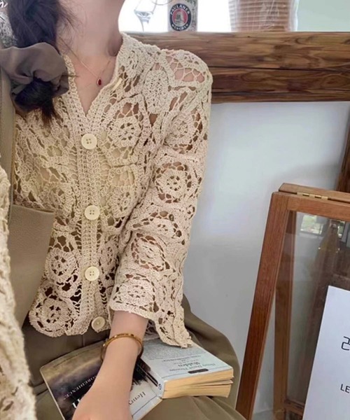 LAFFMO（ラフモ）の「クロシェ編みカーディガン（カーディガン/ボレロ・レディース・ホワイト/ベージュ・F）」の5枚目の写真